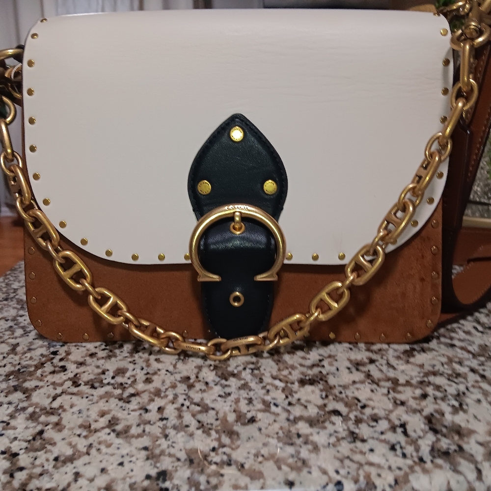 Used Coach Handbag Shoulder Bag Brown Gold White Black Leather Suede Studs